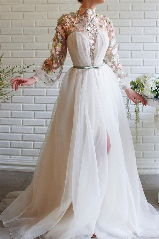 Mermaid White Evening Dress with Flower Split High Collar Long Sleeves-ballbellauk