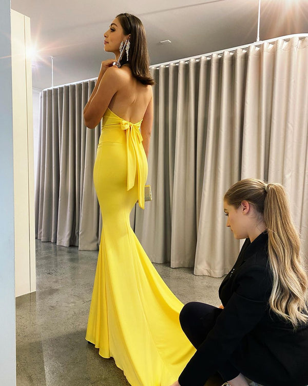 Mermaid Yellow Backless Evening Dress-ballbellauk