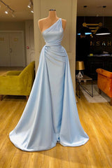 Modern Light Blue Overskirt Soft-pleated Prom Dress One-shoulder-ballbellauk