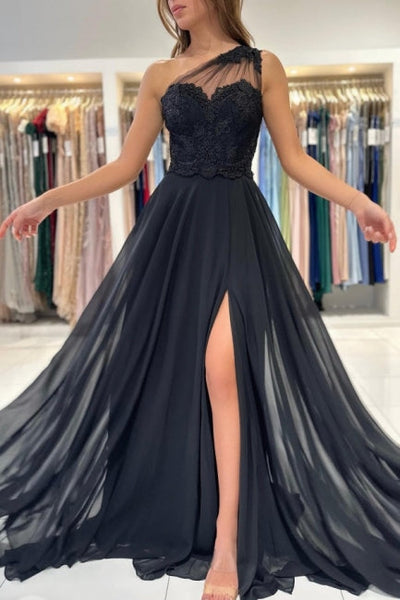 Modern Long Black Evening Gown One Shoulder Lace Ball Dresses With Spl –  ballbellauk