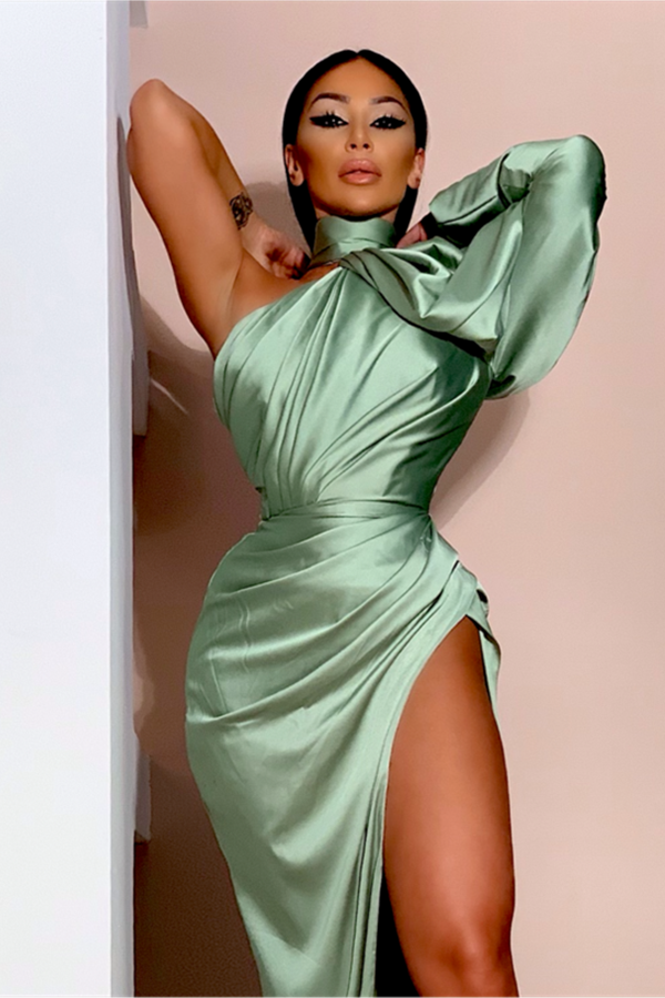 Modern Puffy Prom Dress High Neck Party Dress With Split Long Sleeves-ballbellauk