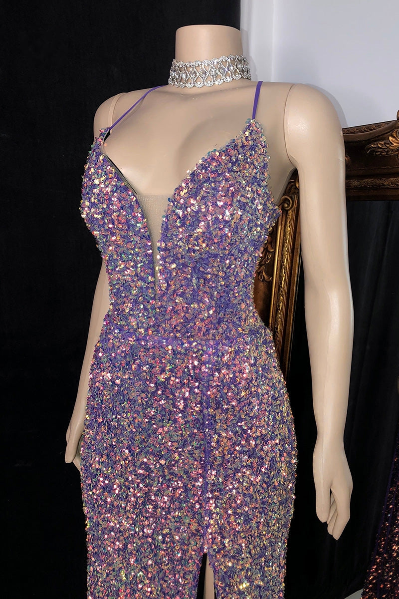 Modern Spaghetti-Straps Sequins Formal Wears Mermaid Sleeveless With Slit-ballbellauk