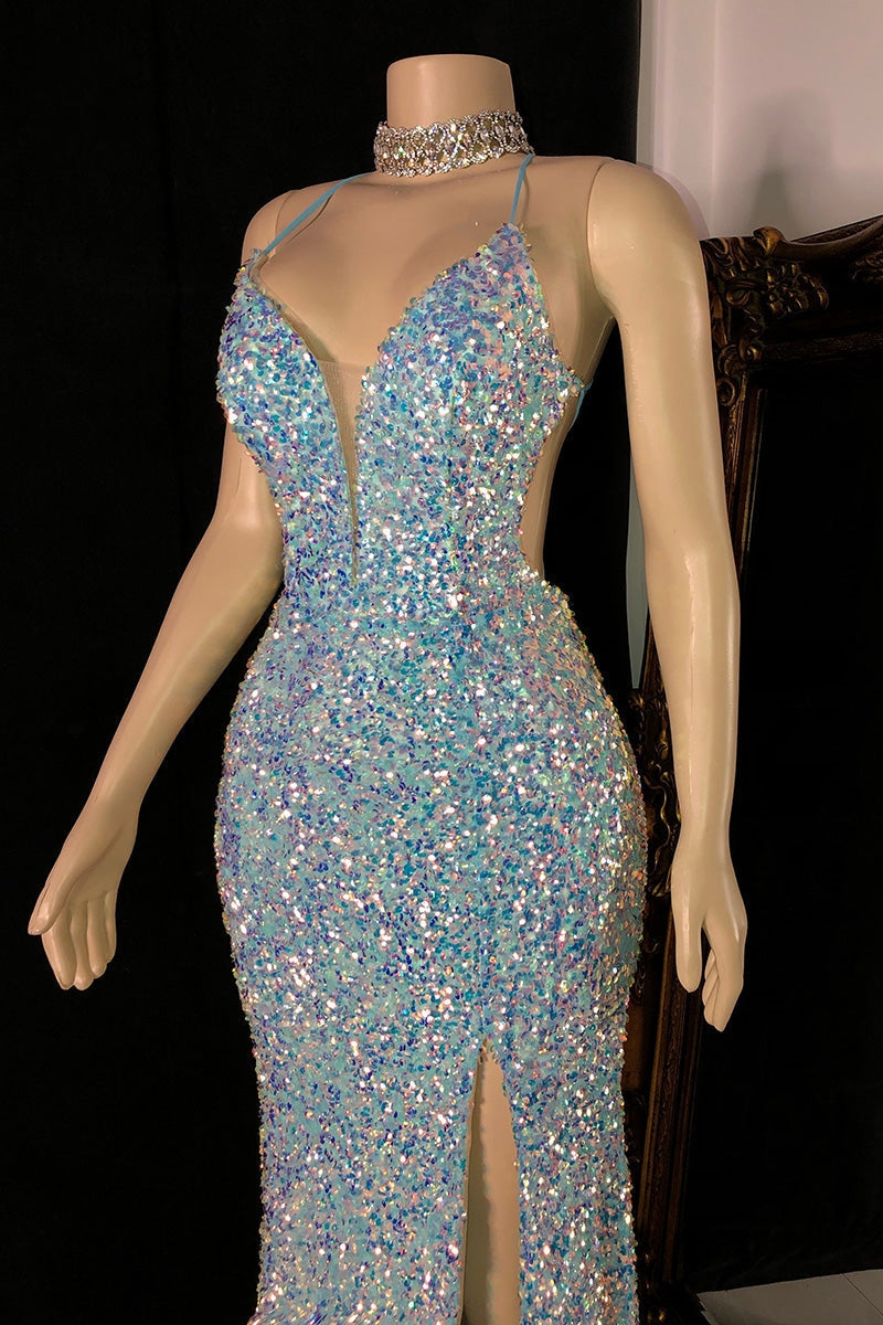 Modern Spaghetti-Straps Sequins Formal Wears Mermaid Sleeveless With Slit-ballbellauk