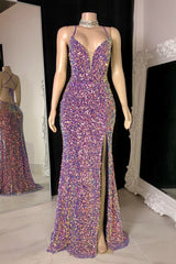 Modern Spaghetti-Straps Sequins Formal Wears Mermaid Sleeveless With Slit-ballbellauk