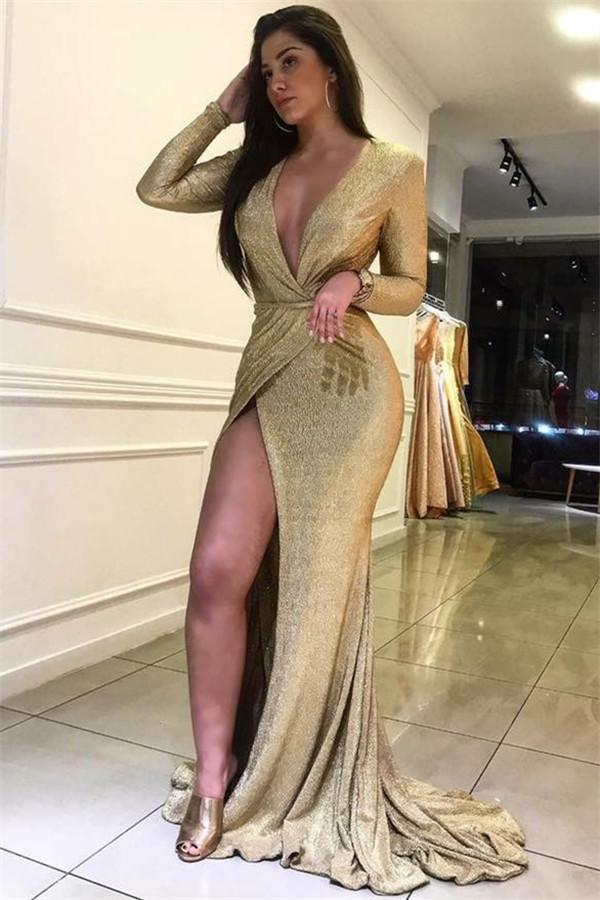 Modern V-Neck Prom Dress UK with Slit - Long Sleeves-ballbellauk