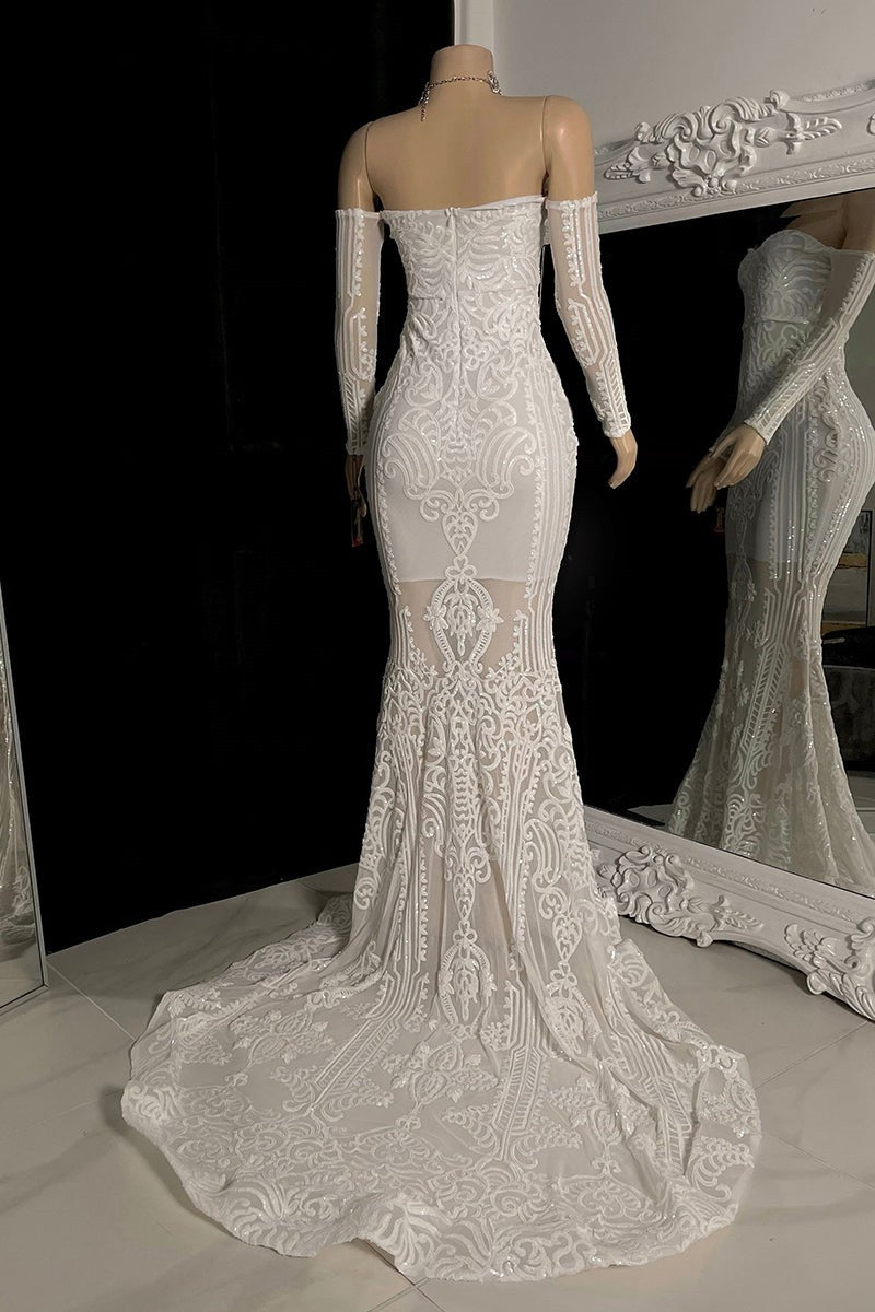 Modern White Long Sleeves Mermaid Formal Wears Off-the-Shoulder Long-ballbellauk