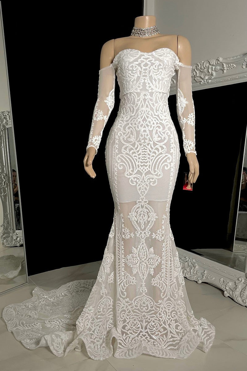 Modern White Long Sleeves Mermaid Formal Wears Off-the-Shoulder Long-ballbellauk