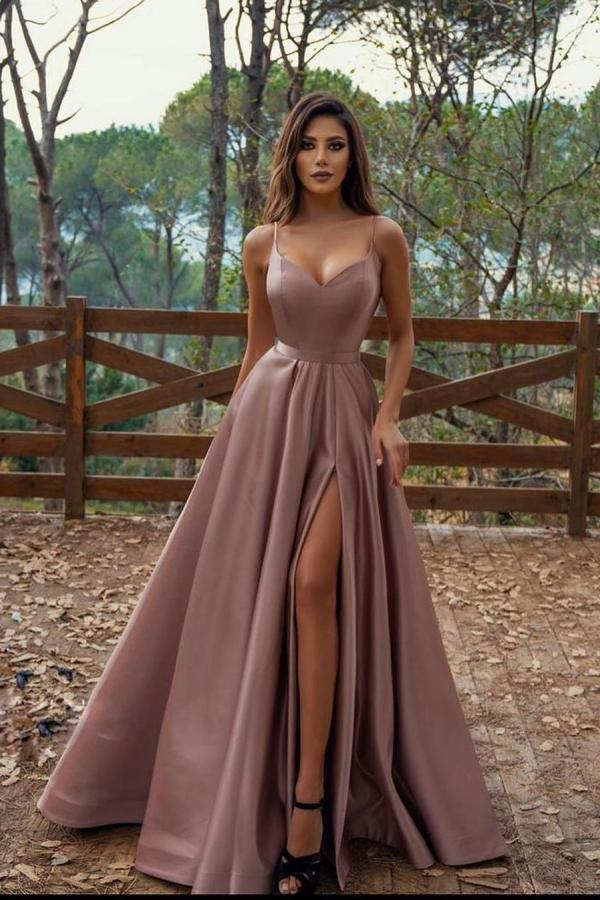ModernV-Neck Prom Dress Long With Split Spaghetti-Straps-ballbellauk