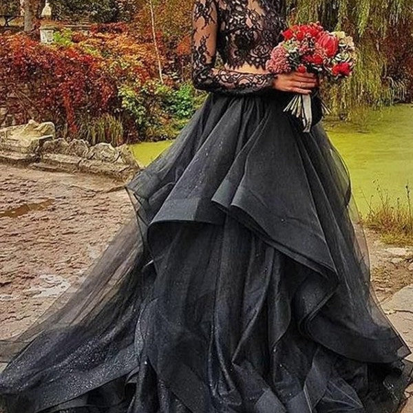 black lace wedding dress uk Modest Black Two Pieces Wedding Dress UK with Sleeves and Tulle Lace –  ballbellauk