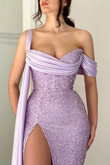 Modest Lilac Long Glitter Off-the-Shoulder Mermaid Prom Dress With Slit-ballbellauk