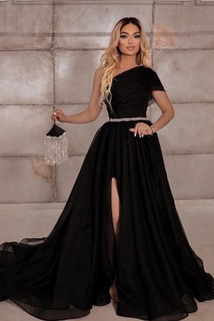Modest One Shoulder Sleeveless Long Prom Dress Ribbons-ballbellauk