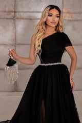 Modest One Shoulder Sleeveless Long Prom Dress Ribbons-ballbellauk