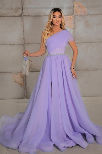 Modest One Shoulder Sleeveless Long Prom Dress Ribbons-ballbellauk