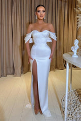 Modest Sweetheart Cap Sleeves Column prom Dresses With Front Split-ballbellauk