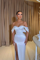 Modest Sweetheart Cap Sleeves Column prom Dresses With Front Split-ballbellauk
