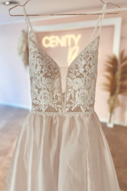 Modest V-Neck Spaghetti-Straps Sleeveless Long Lace Bridal Gowns On Sale-ballbellauk