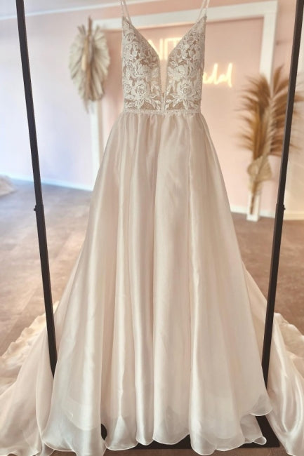 Modest V-Neck Spaghetti-Straps Sleeveless Long Lace Bridal Gowns On Sale-ballbellauk