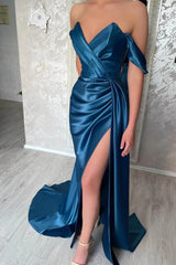 Navy Off The Shoulder Mermaid Split Evening Dress-ballbellauk