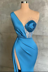 Ocean Blue Mermaid Prom Dress UK with Slit for One Shoulder Style-ballbellauk