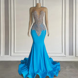 Ocean blue sleeveless mermaid prom dress with long beadings-Ballbella