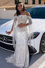 Sparkle Silver Off-the-shoulder Mermaid Court Train Tassels Prom Dresses