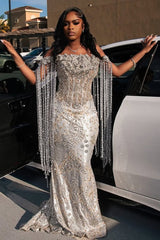 Sparkle Silver Off-the-shoulder Mermaid Court Train Tassels Prom Dresses