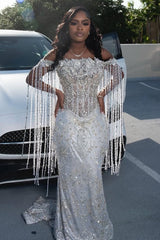 Sparkle Silver Off-the-shoulder Mermaid Court Train Tassels Prom Dresses