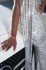 Sparkle Silver Off-the-shoulder Mermaid Court Train Tassels Prom Dresses