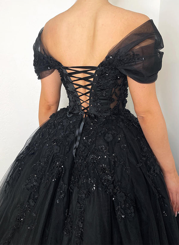Off-The-Shoulder Chic A-line Wedding Dress Short Sleeves in Lace Tulle-Ballbella