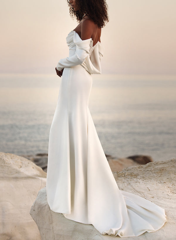 Off-The-Shoulder Long Sleeves Satin Wedding Dresses Sequins-Ballbella