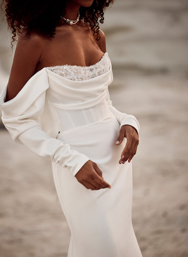 Off-The-Shoulder Long Sleeves Satin Wedding Dresses Sequins-Ballbella