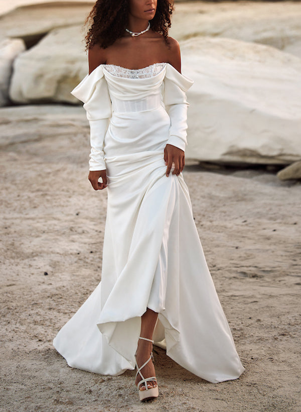 Off-The-Shoulder Long Sleeves Satin Wedding Dresses Sequins-Ballbella