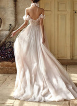 Off-The-Shoulder Tulle Flowers Wedding Dresses Romantic-Ballbella
