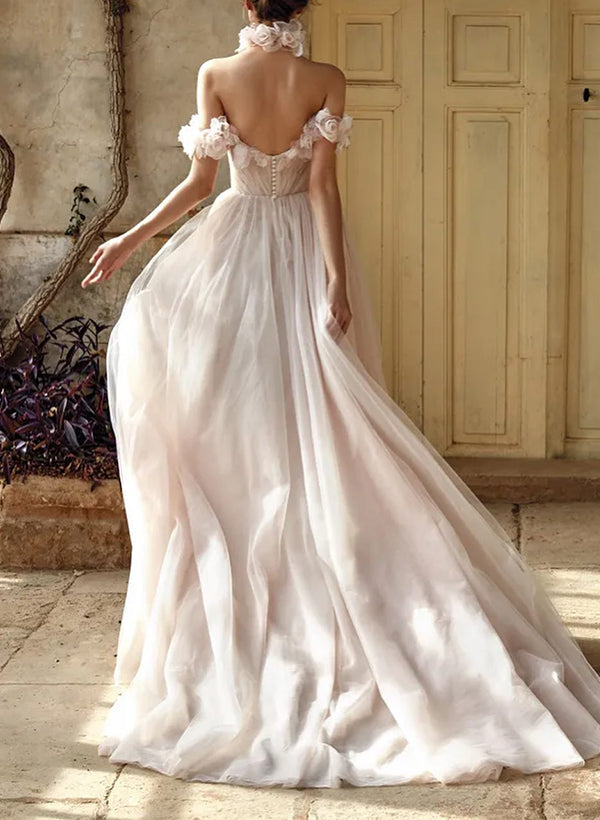 Off-The-Shoulder Tulle Flowers Wedding Dresses Romantic-Ballbella