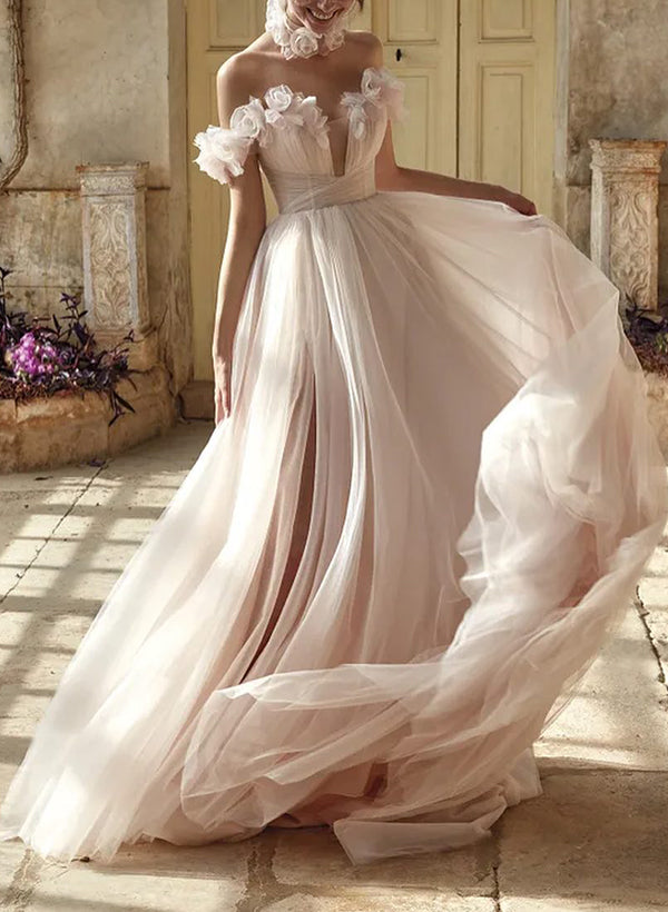 Off-The-Shoulder Tulle Flowers Wedding Dresses Romantic-Ballbella
