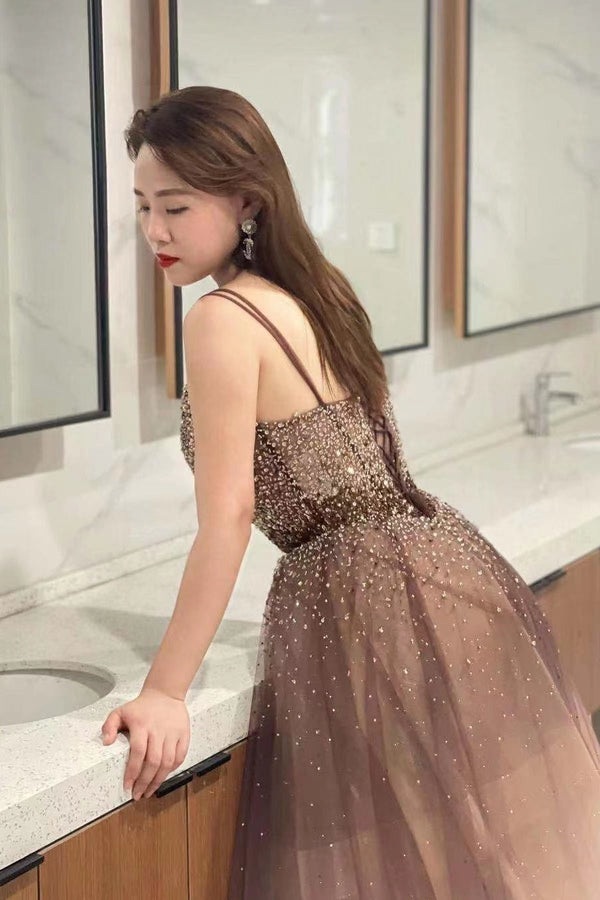 Ombre Tulle Prom Dress UK With Sequins Beads and Spaghetti-Straps Deep V-Neck-ballbellauk