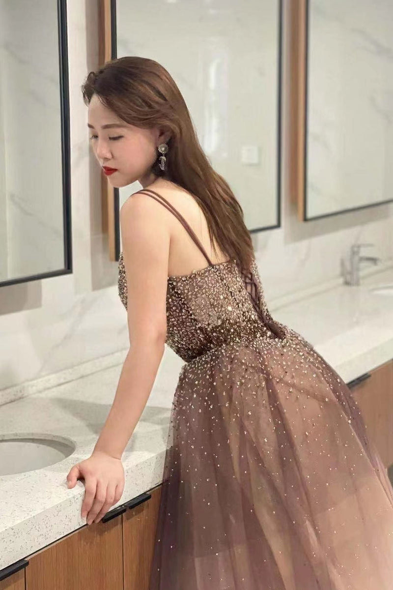 Ombre Tulle Prom Dress UK With Sequins Beads and Spaghetti-Straps Deep V-Neck-ballbellauk