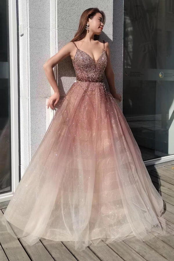 Ombre Tulle Prom Dress UK With Sequins Beads and Spaghetti-Straps Deep V-Neck-ballbellauk