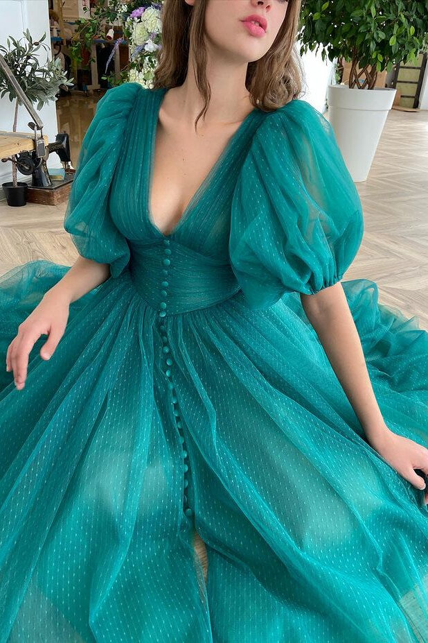 On Sale: V-Neck A-line Evening Dress with Short Sleeves - Dark Green-ballbellauk