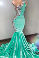 One shoudler Mint Green Silver Velvet Floor length Prom Dresses-Ballbella