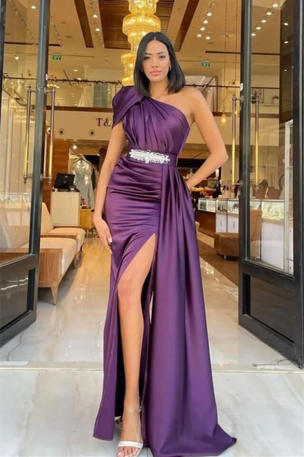 One Shoulder Dark Purple Mermaid Long Ruffles Prom Dress UK With Belt Online-ballbellauk
