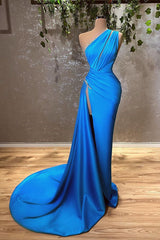 One Shoulder Evening Dress: Ocean Blue Mermaid Long With Split-ballbellauk