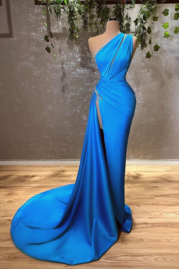One Shoulder Evening Dress: Ocean Blue Mermaid Long With Split-ballbellauk