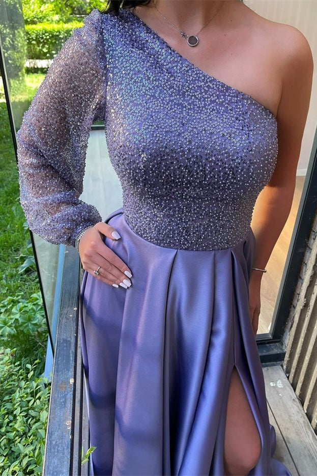 One Shoulder Long Sleeve Lilac Evening Dress with Front Split and Sequins-ballbellauk