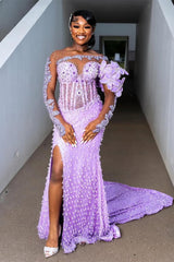 One shoulder Long sleeves Lilac High Split Sequin Flowers Prom Dresses-Ballbella