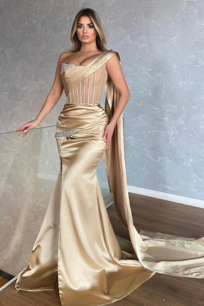 One Shoulder Sleeveless Mermaid Prom Dress UK with Slit Ruffles - Champagne-ballbellauk
