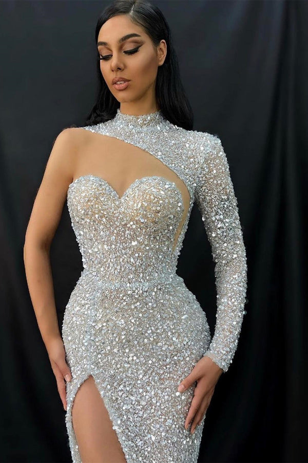One Shoulder Sweetheart Evening Dress with Split Sequins and Long Sleeves High Collar-ballbellauk