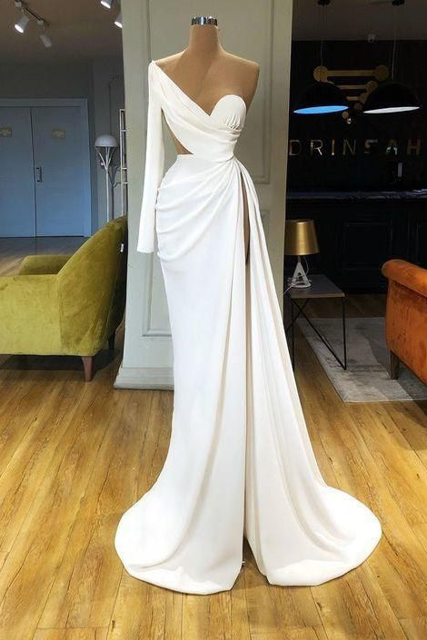 One Shoulder White Sweetheart Prom Dress UK With Long Sleeve and Split-ballbellauk