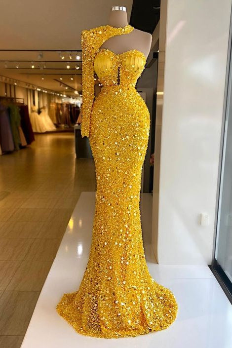 One Shoulder Yellow Halter Long Sleeve Mermaid Prom Dress UK with Sequins-ballbellauk