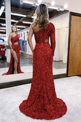 One Sleeve Sequin Mermaid Evening Dress - Red With Split-ballbellauk